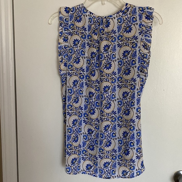 KAARI Blue Sleeveless Top PM Floral Pattern Ruffled Sleeves 100% Polyester - Picture 6 of 8